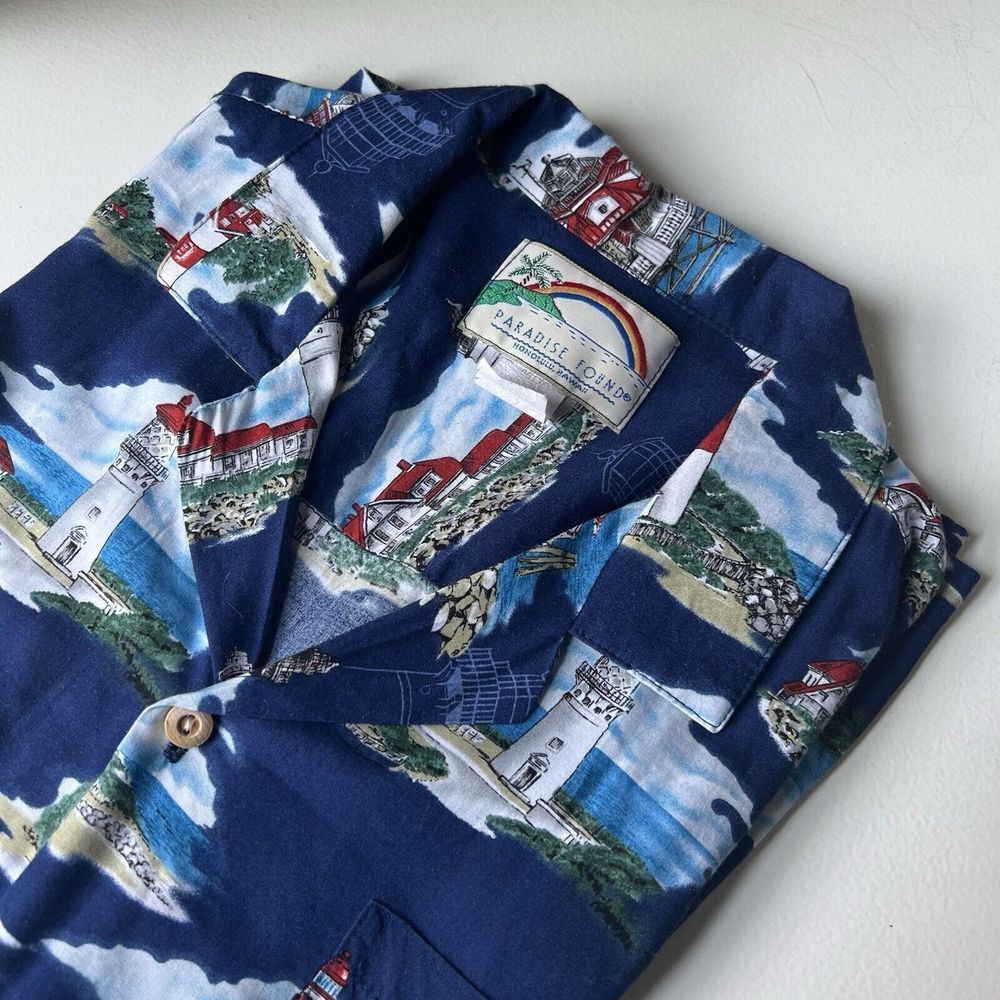 VTG Paradise Found Large Men's Button Shirt Blue Hawaiian Camp Lighthouse Beach